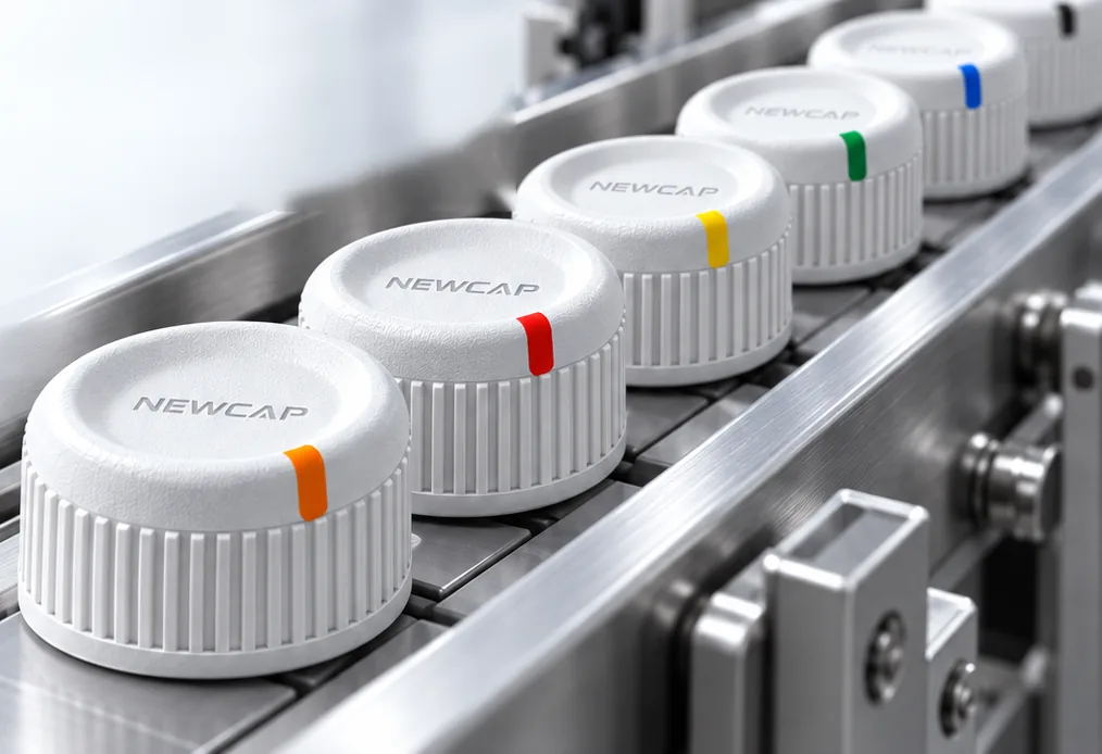 White NEWCAP closures with coloured tabs moving along a stainless-steel production line
