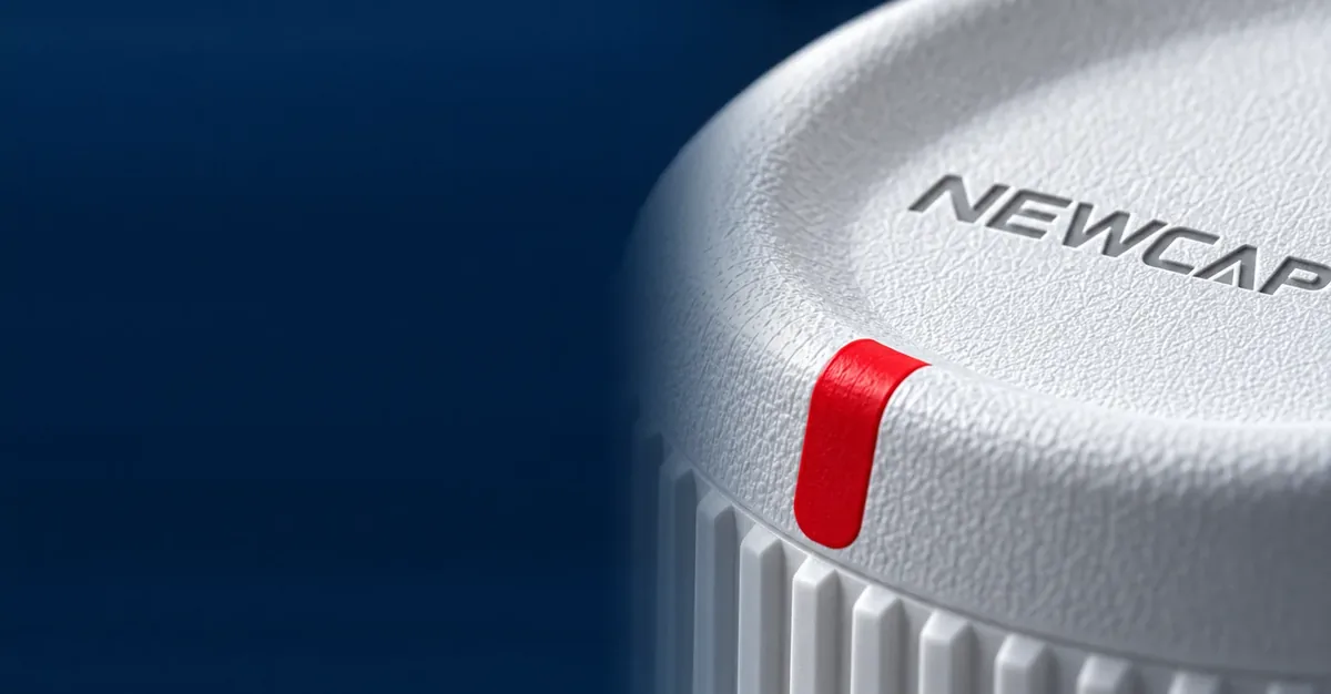 Close-up of the textured top of a white NEWCAP closure with its debossed wordmark and red tab