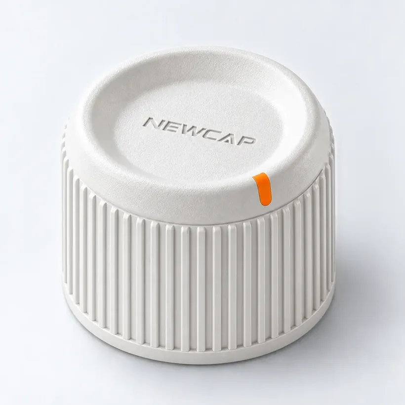 A white NEWCAP closure with an orange tab, photographed in the studio