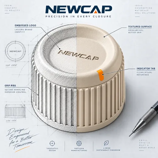 NEWCAP poster: half technical sketch, half finished cream closure