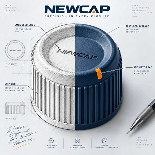 NEWCAP poster: half technical sketch, half finished navy closure